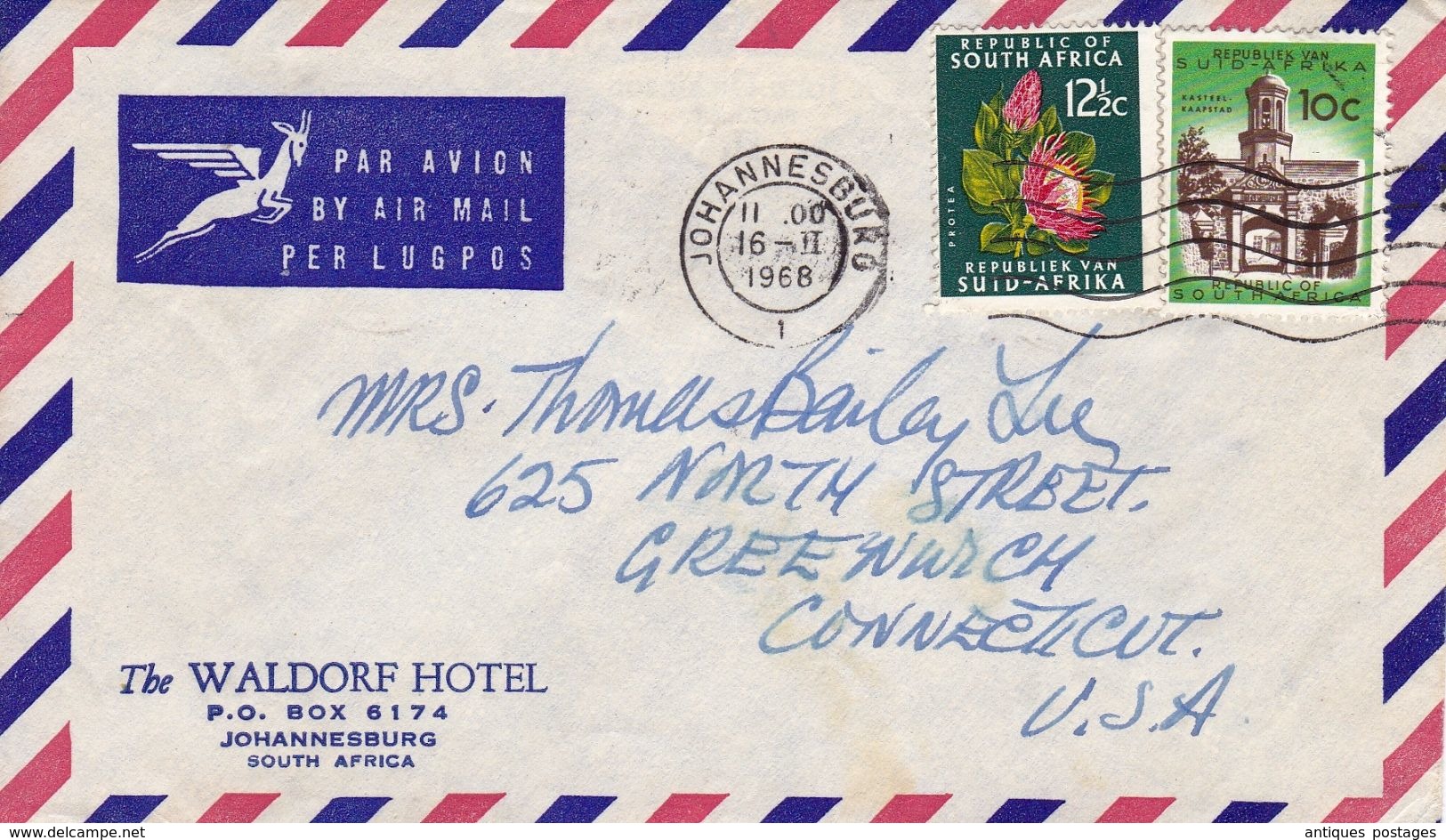 Lettre Afrique Du Suid Johannesburg Waldorf Hotel 1968 South Africa  Greenwich Connecticut USA - Lettres & Documents