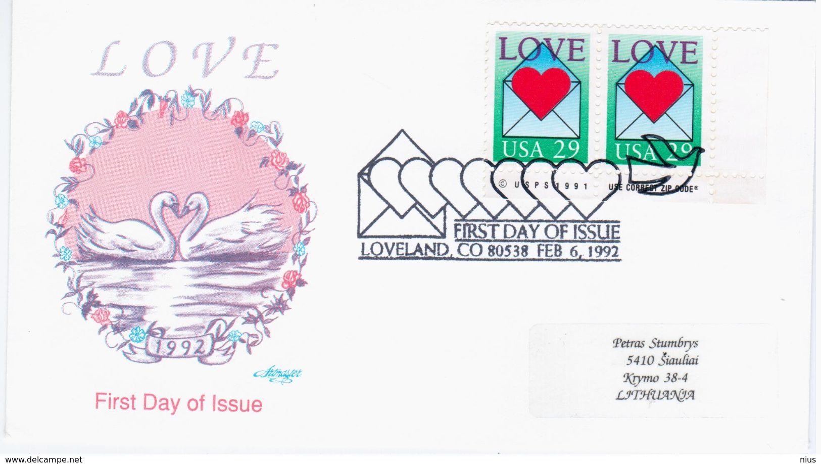 USA United States 1992 FDC Love, Swan Swans Bird Birds, Canceled In Loveland - 1991-2000