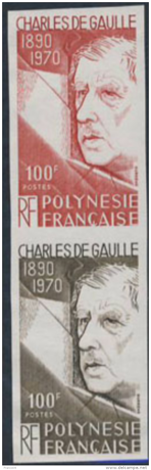 French Polynesia (1980) De Gaulle. Trial Color Proof Pair.  Scott No 340, Yvert No 159. - Imperforates, Proofs & Errors