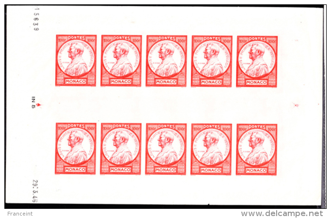 Monaco (1946) Prince Louis II. Full Sheet Of 10 Imperforates With Control Number And Date.  Scott No 197, Yvert No 286.4 - Blocks & Kleinbögen