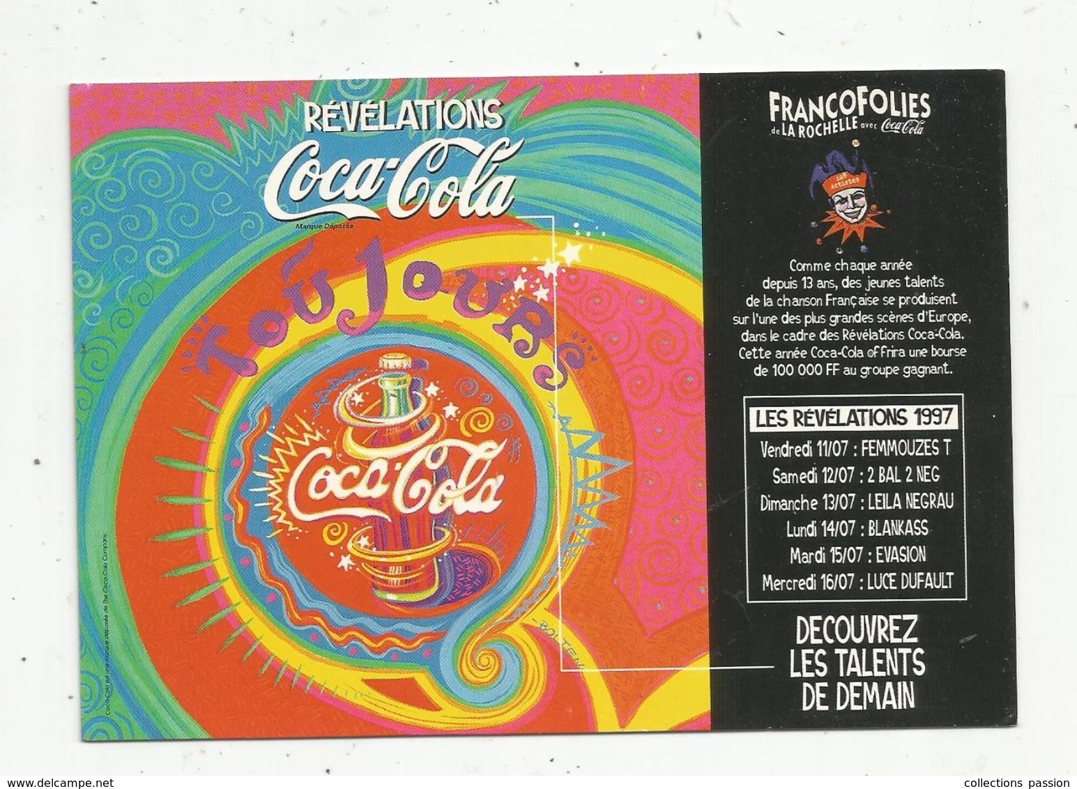 Cp , Publicité : FrancoFolies ,La Rochelle, Révélations COCA COLA,  2 Scans - Advertising