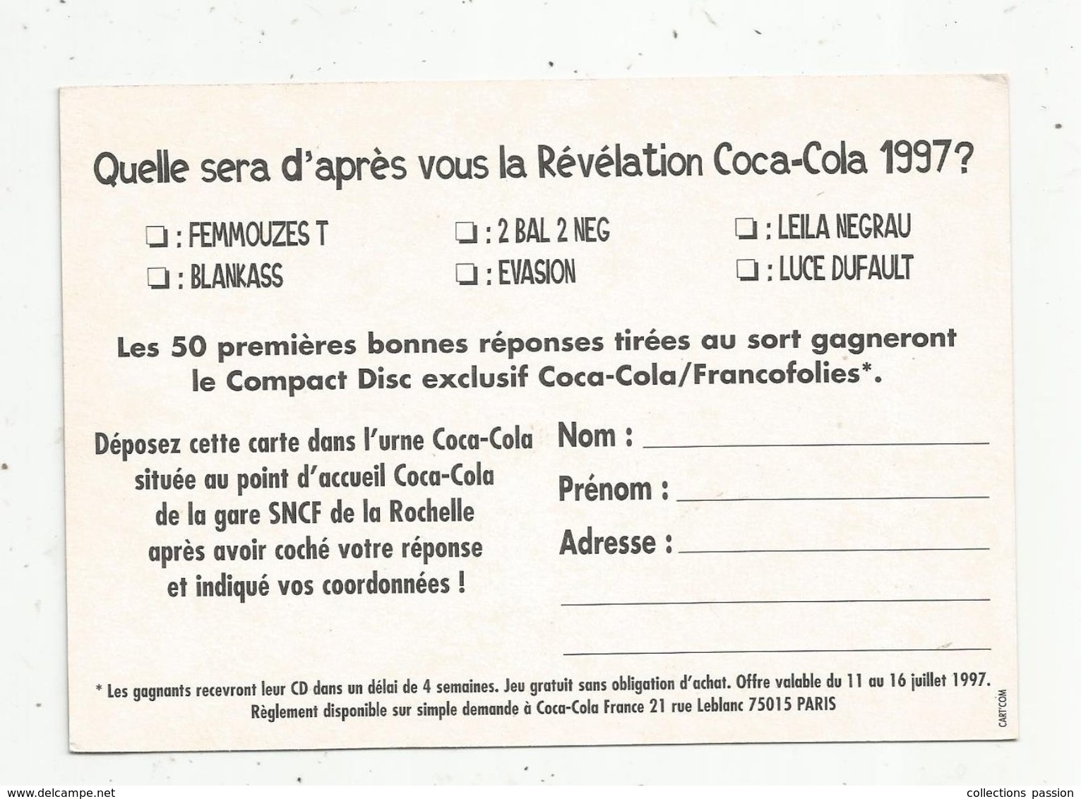 Cp , Publicité : FrancoFolies ,La Rochelle, Révélations COCA COLA,  2 Scans - Advertising