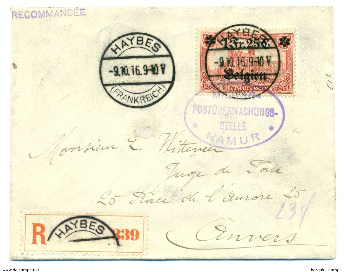 Belgique - OC8 Sur Recommandé De Haybes (France) à Anvers Censure à Namur 09 Sept 1916 - OC1/25 Gouvernement Général