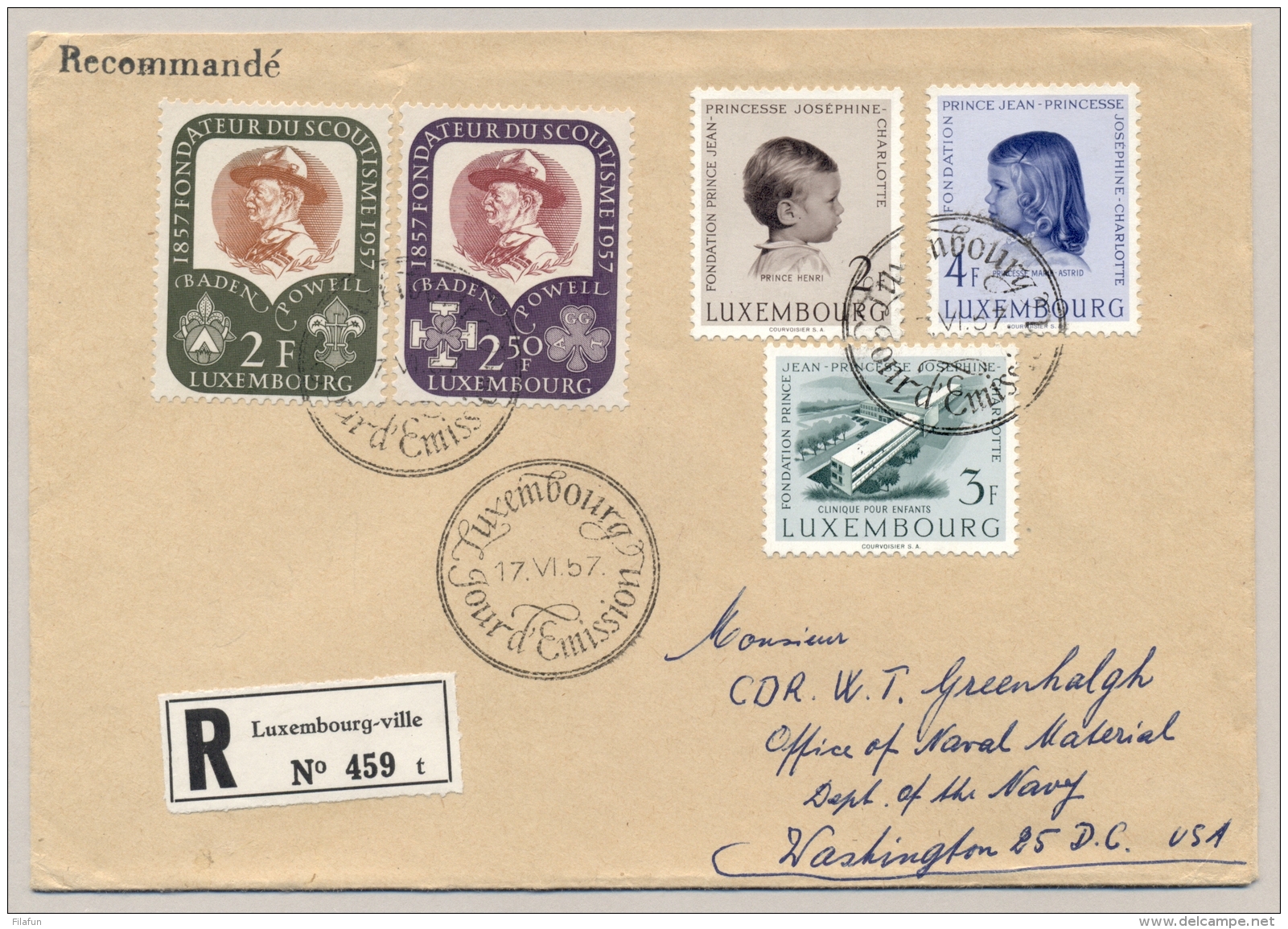 Luxembourg - 1957 - Baden Powell / Scouting And Josephine Charlotte On FDC To Washington / USA - Briefe U. Dokumente