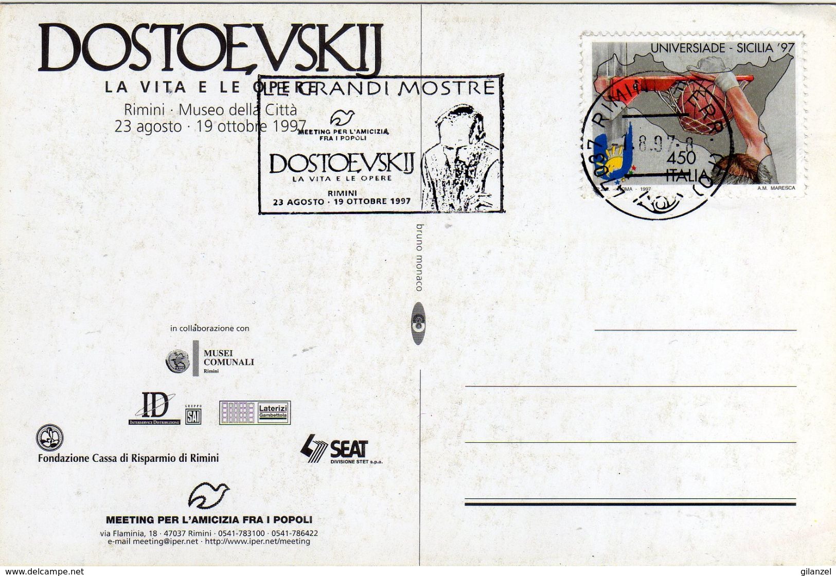 Italia 1997 Rimini Dostoevskij Mostra: La Vita E Le Opere Annullo Meccanico Cartolina Dedicata - Writers