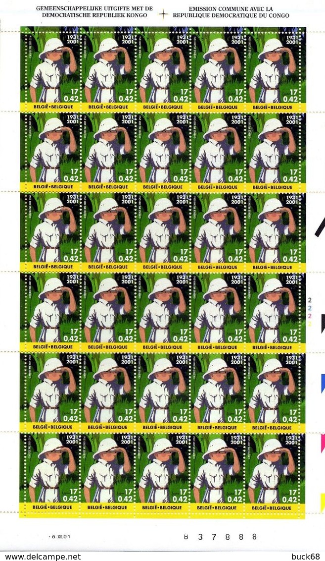 BELGIQUE 3043 ** MNH Feuille De 30 Timbres : TINTIN KUIFJE HERGE CONGO Comics (CV 50 €) - Bandes Dessinées