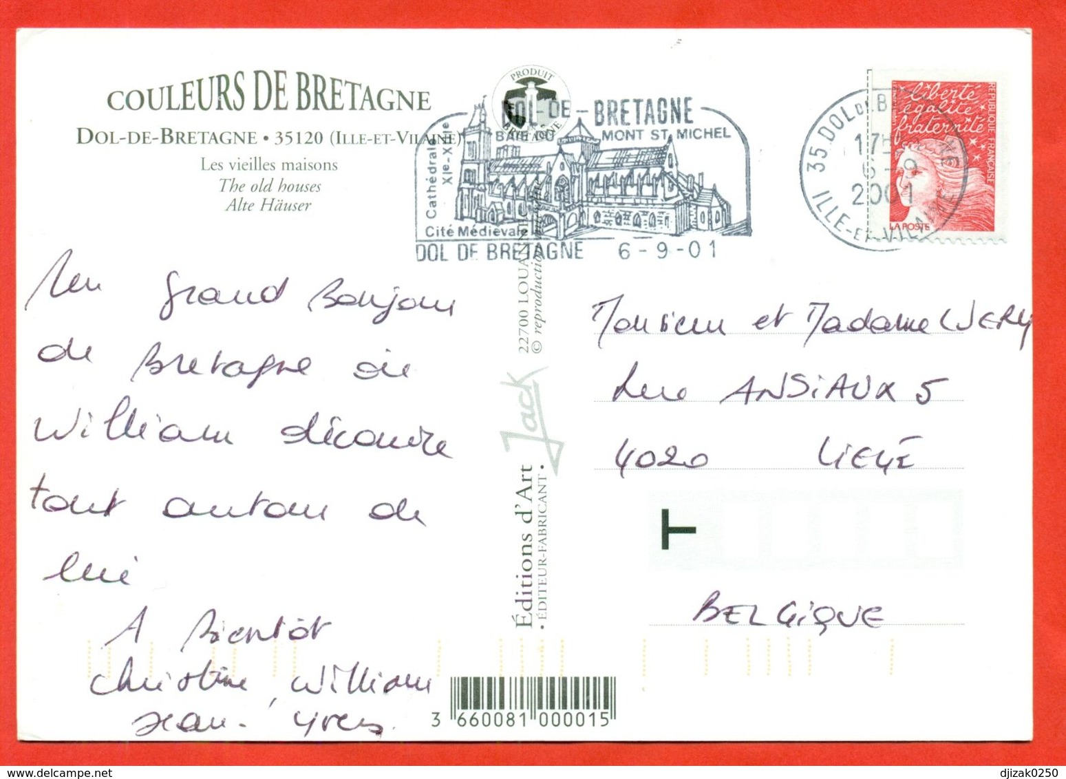 France 2001.Postcard Really Passed The Mail.View Of The City. Special Postmark. - Dol De Bretagne