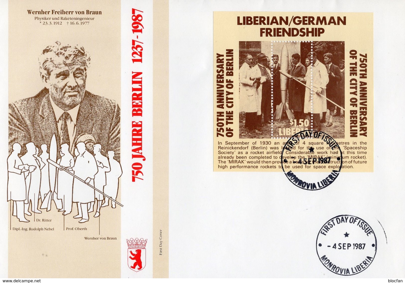 Raumfahrt 1987 Liberia Block 113 FDC 10€ Wissenschaftler Braun Raketen-Versuch S/s Space Sheet Bf 750 Years Berlin - Afrika