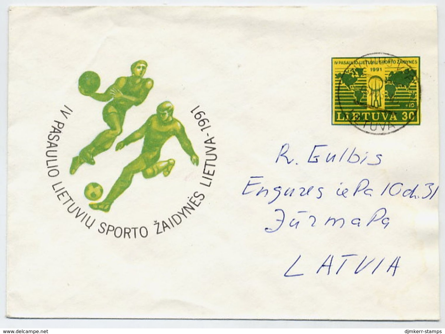 LITHUANIA 1991 Lithuanian World Games Stationery Envelope, Used To Latvia.  Michel U14 - Lithuania