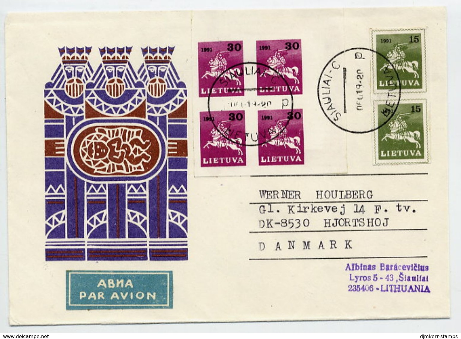 LITHUANIA 1991 Airmail Cover, Used To Denmark.  Michel 472, 481 - Lituania