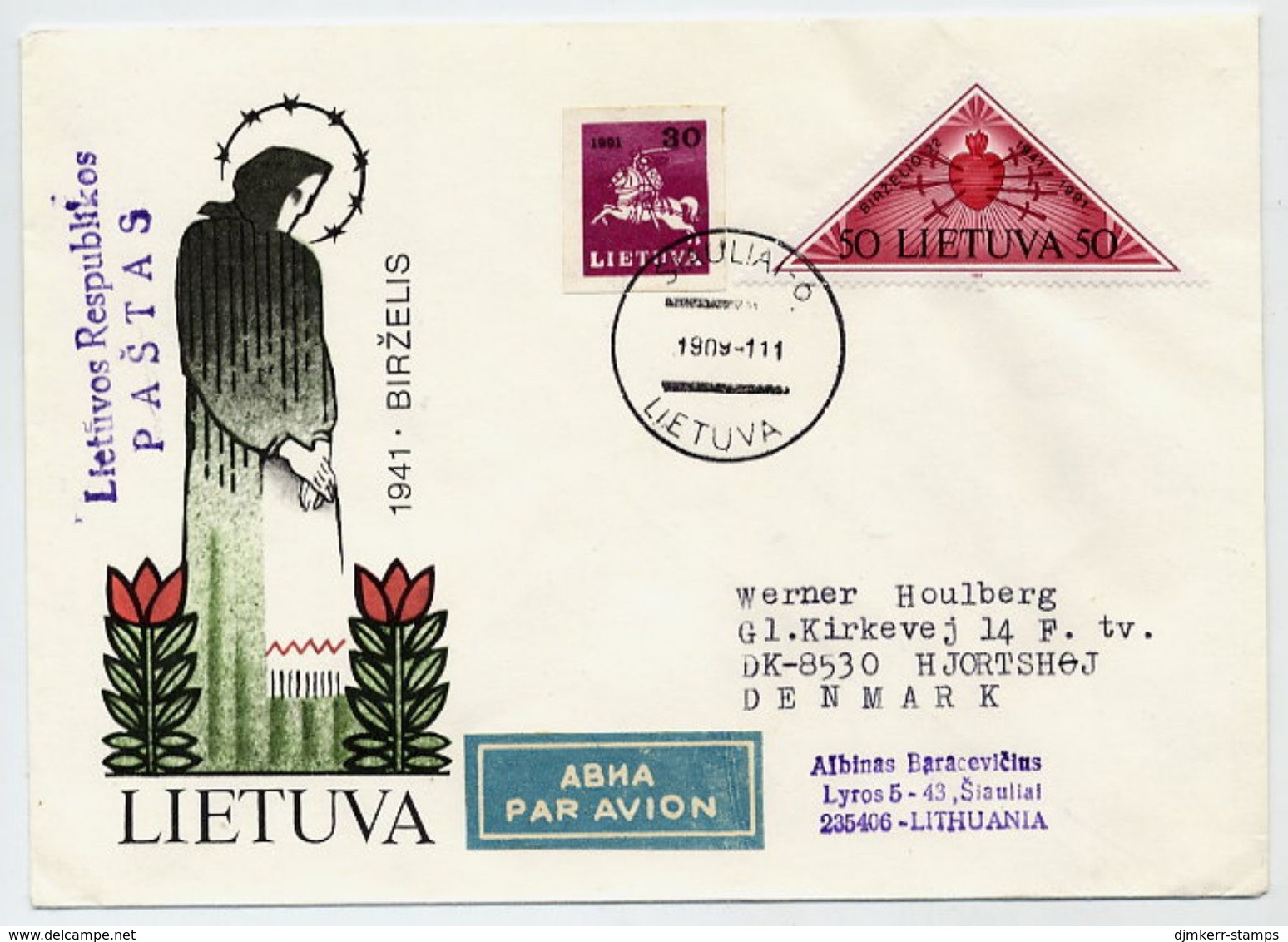 LITHUANIA 1991 Airmail Cover, Used To Denmark.  Michel 478, 481 - Lituania