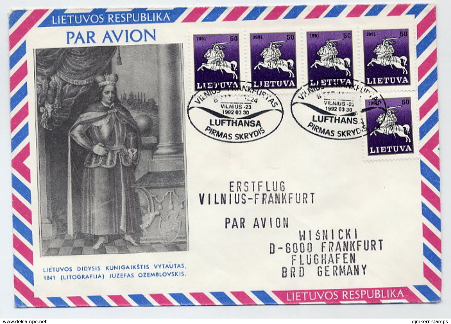 LITHUANIA 1992 First Flight Cover Viknius-Frankfurt.  Michel 468 X 5 - Lituanie