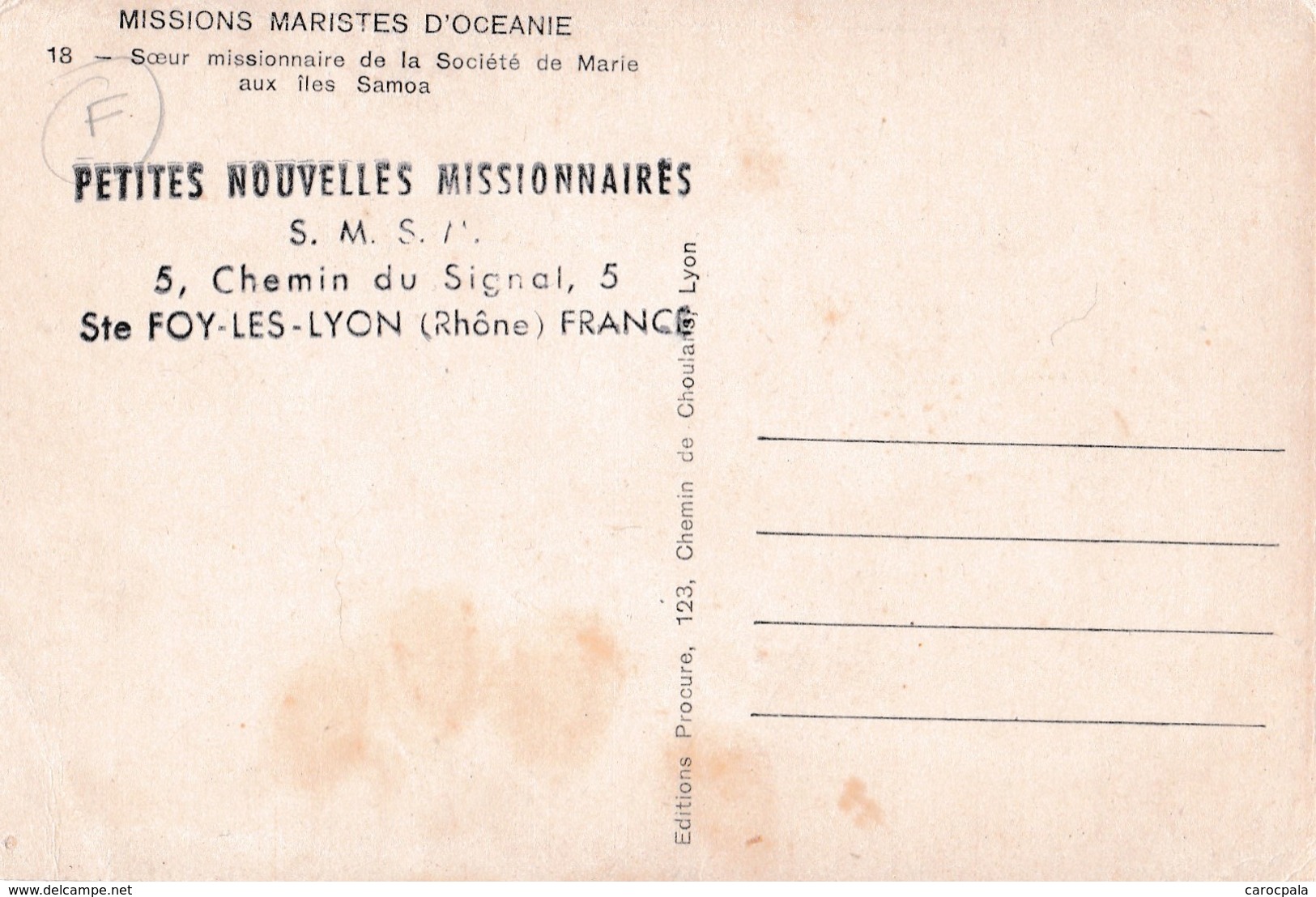 Carte 1920 MISSIONS MARISTE D'OCEANIE / SOEUR DE STE FOY LES LYON AUX ILES SAMOA - Polynésie Française