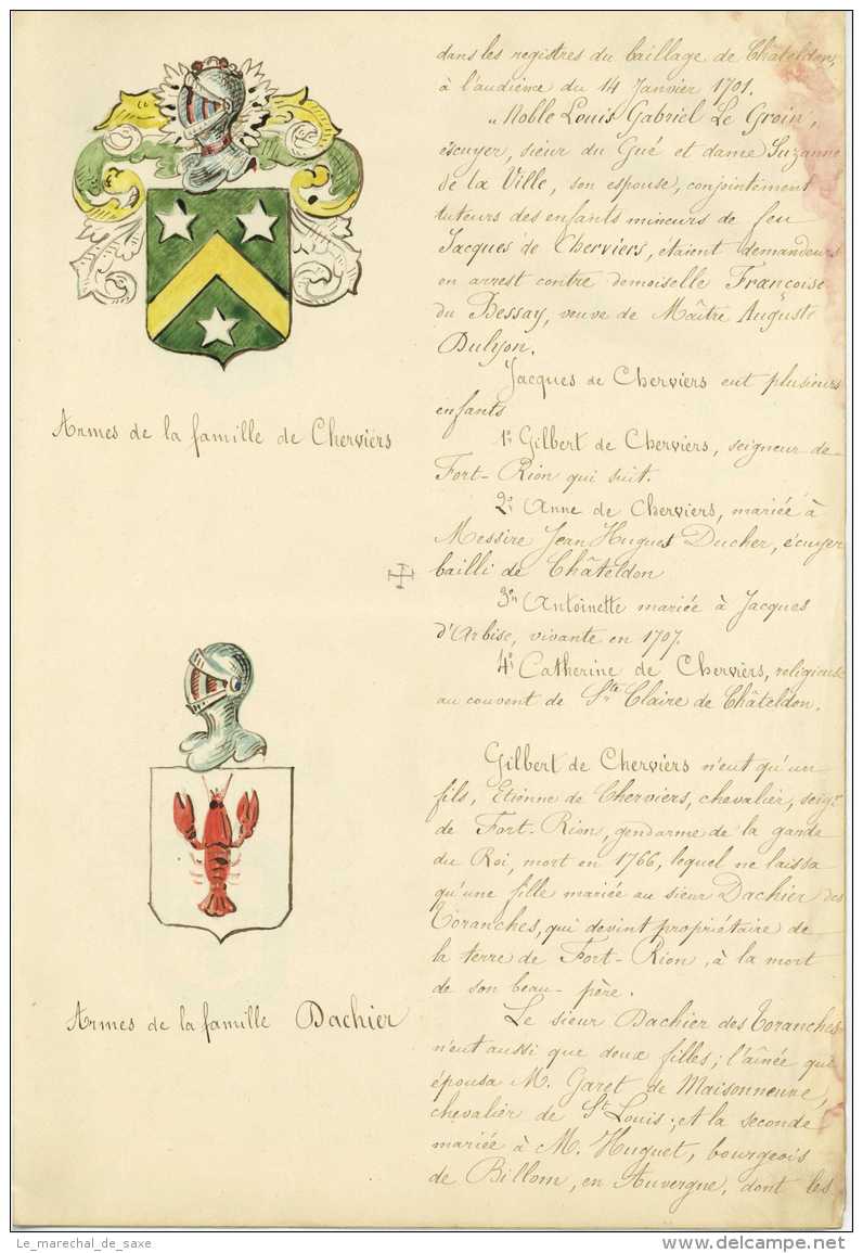 Seigneurie De FORT-RION Auvergne Armes Heraldique Cherviers Ducher Chateldon - Manuscrits