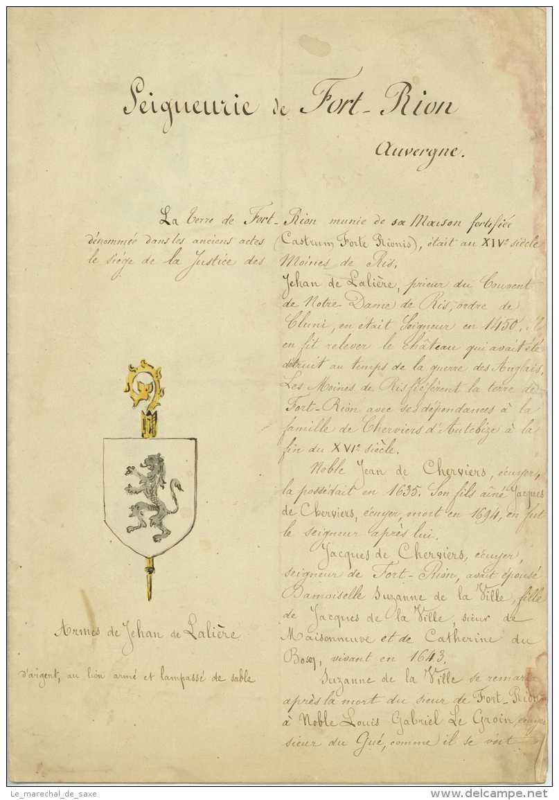 Seigneurie De FORT-RION Auvergne Armes Heraldique Cherviers Ducher Chateldon - Manuscrits