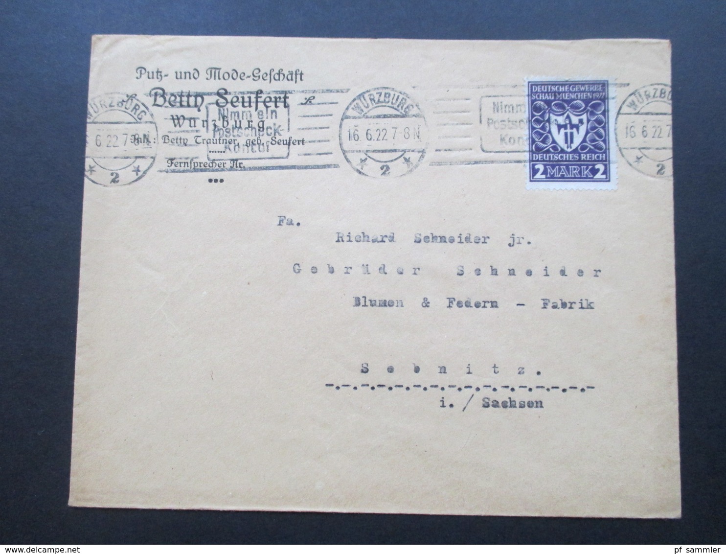 DR Infla 1922 Nr. 200 EF Deutsche Gewerbeschau. Firmenbrief Putz Und Mode Geschäft Bettn Seufert Würzburg - Briefe U. Dokumente
