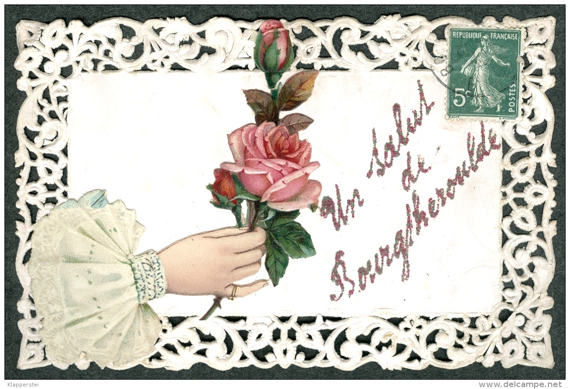 27 - Eure - Un Salut De Bourgtheroulde Carte Dentelles Main Fleurs Paillettes 1908 - Bourgtheroulde