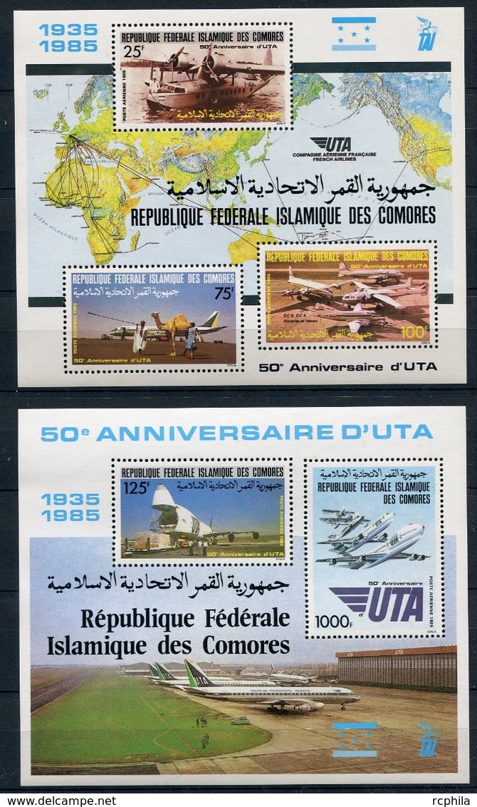 RC 6826 COMORES BF 45 / 46 - ANNIVERSAIRE COMPAGNIE AERIENNE UTA AVIATION AVIONS 2 BLOCS FEUILLETS NEUF ** TB - Comores (1975-...)