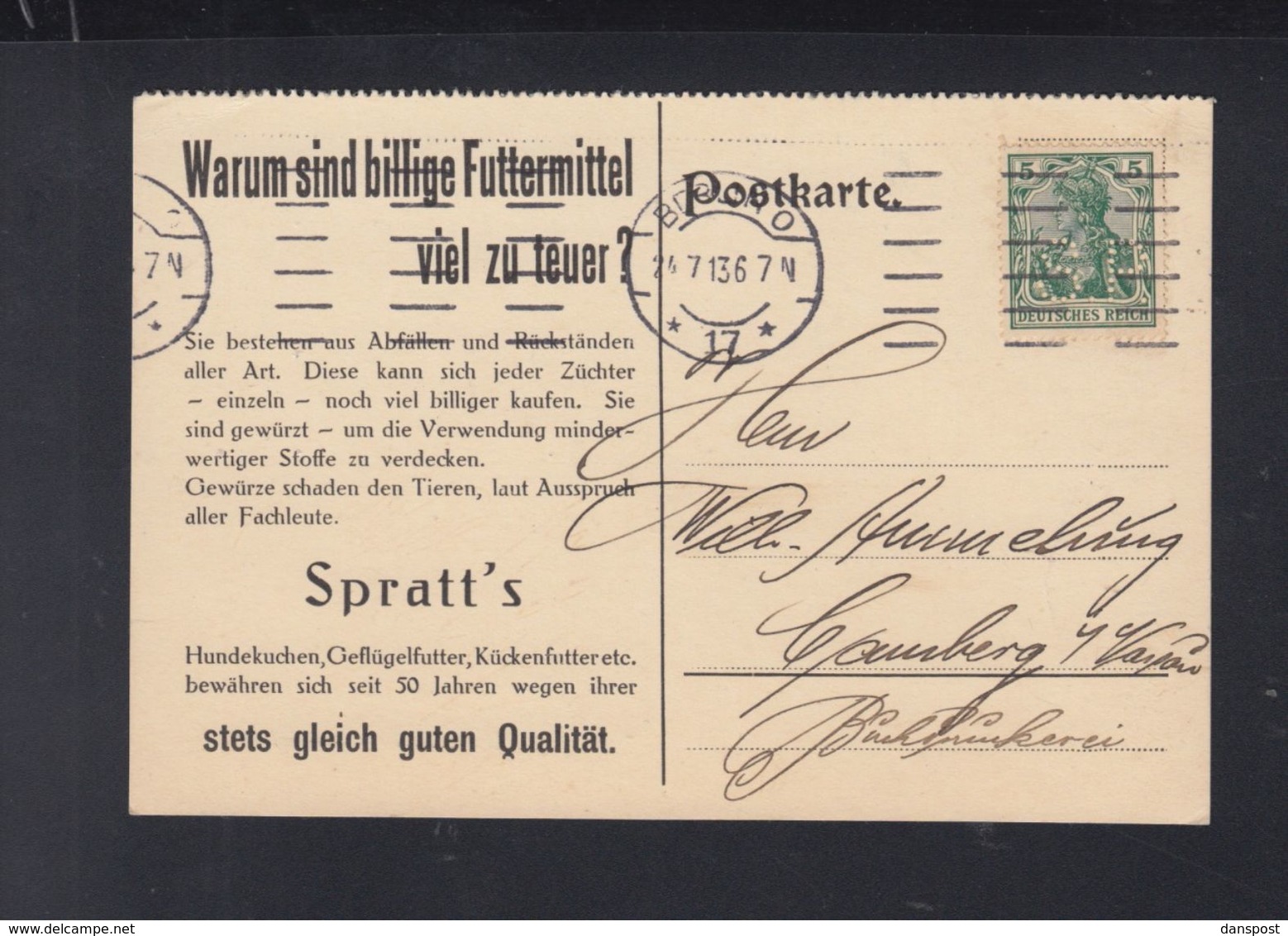 Dt. Reich PK 1913 Spratt`s Hundekuchen Lochung Perfin - Briefe U. Dokumente