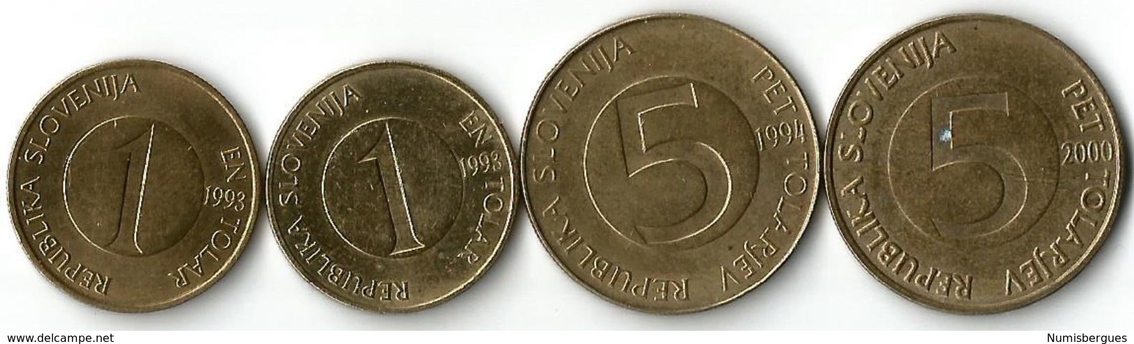 Lot 4  Pièces De Monnaie 1 Tolar Et 5 Tolarjev - Slovenia