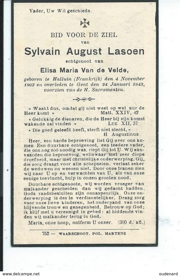 B.P.  HALLUIN FRANCE   LASOEN SYLVAIN 1903 - 1943 GENT - Religion & Esotericism