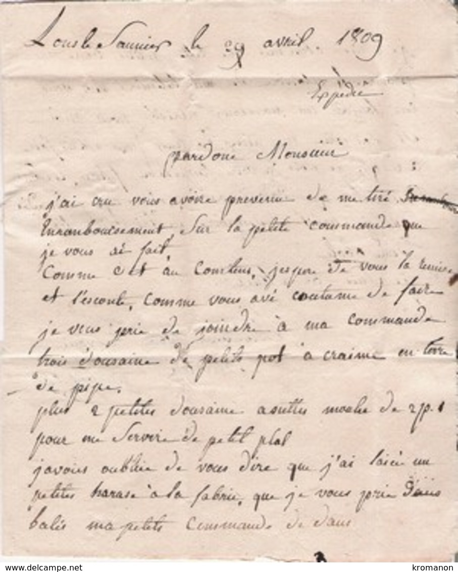 Lettre De 1809 Adessée à Royer Manufacture Faïence St Clément De Lons Le Saunier (Gautheron)  Tampon 38 - 1800 – 1899