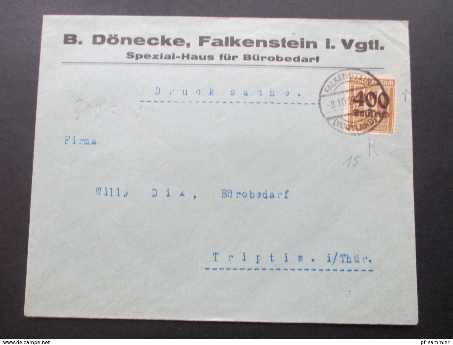 DR Infla 1923 Beleg EF Nr. 300 (Eckfehler) B. Dönecke, Falkenstein Im Vogtland. Spezial Haus Für Bürobedarf. - Briefe U. Dokumente