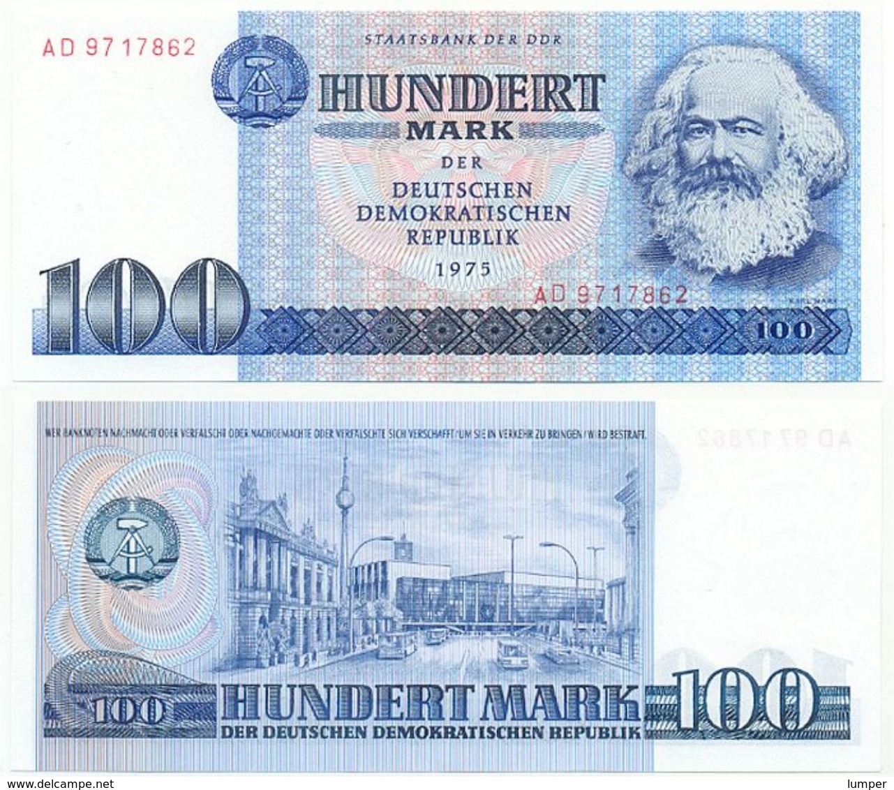 DDR 1975, 100 Mark, Staatsbank DDR, K. Marx, KN 7stellig, Geldschein, Banknote - 100 Mark