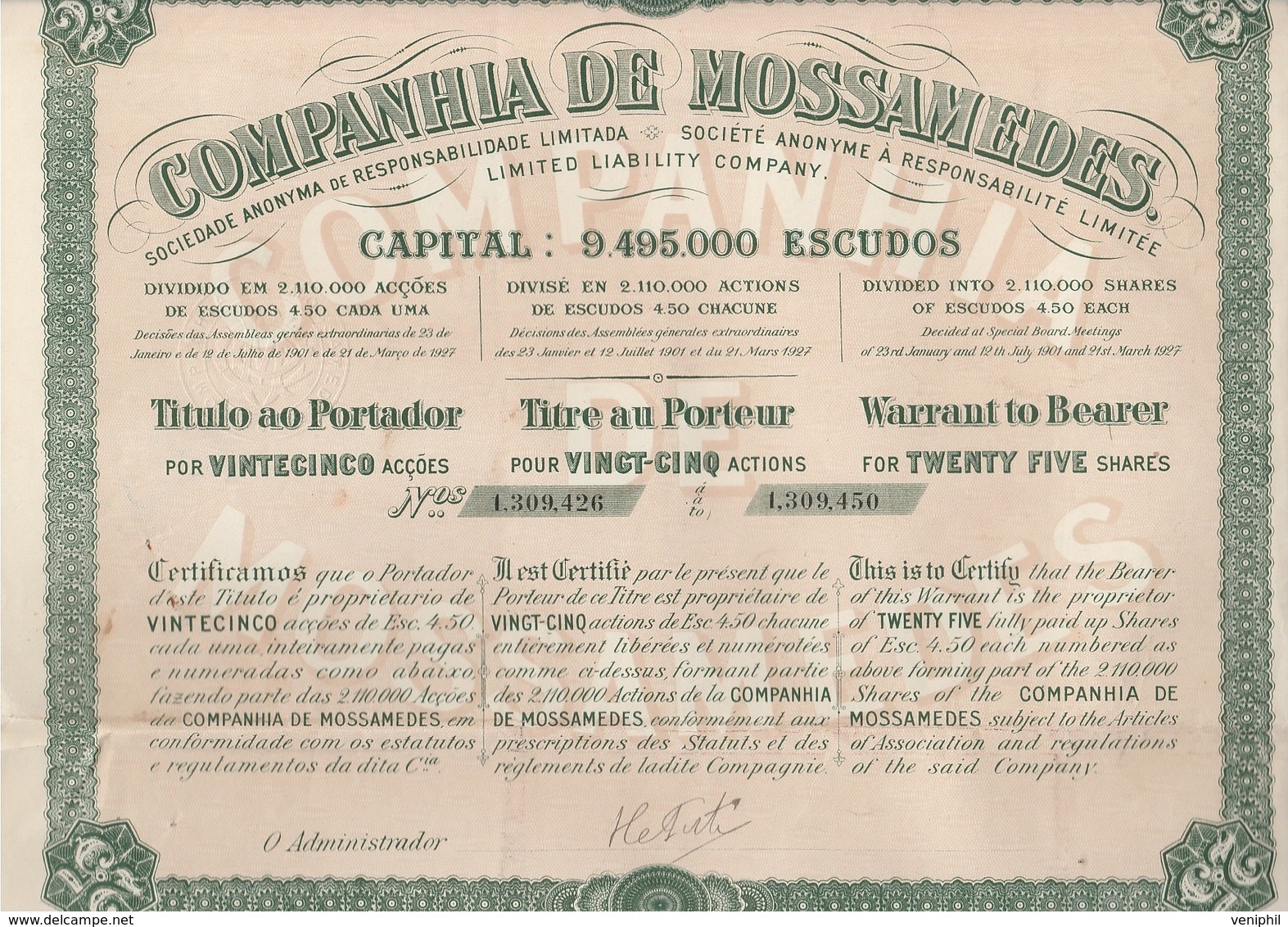 COMPAGNIE DE MOSSAMEDES (BRESIL) TITRE DE 25 ACTIONS - 1901 - Autres & Non Classés