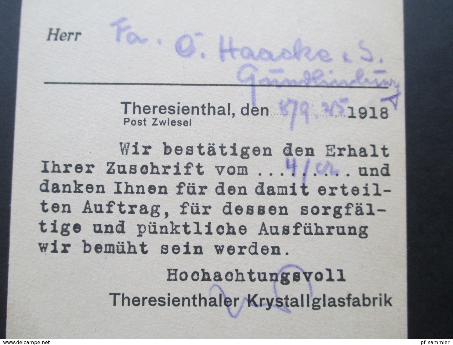 DR 1925 Nr. 370 EF Postkarte. Zwiesel. Theresienthaler Krystallglasfabrik - Briefe U. Dokumente