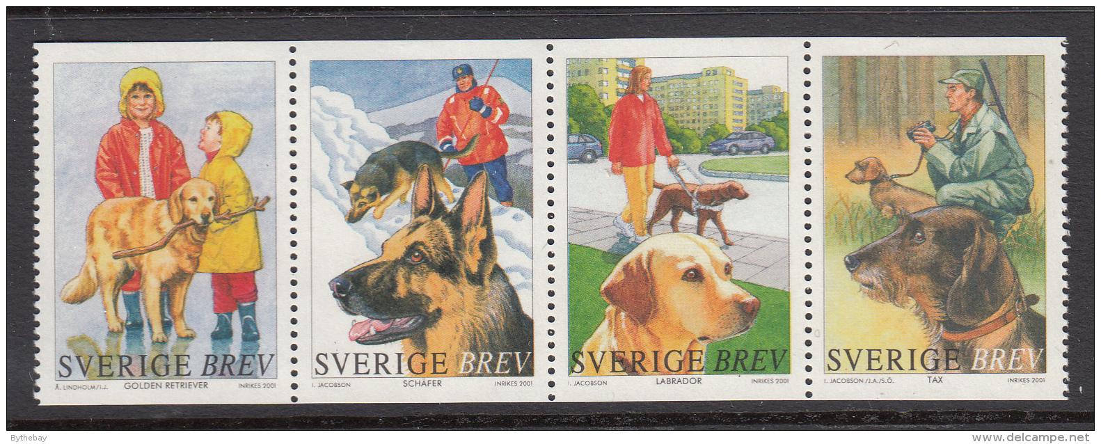 Sweden 2001 MNH Scott #2408 Booklet Pane Of 4 (5k) Dogs Retrievers, Shepherd, Dachshund - Ongebruikt