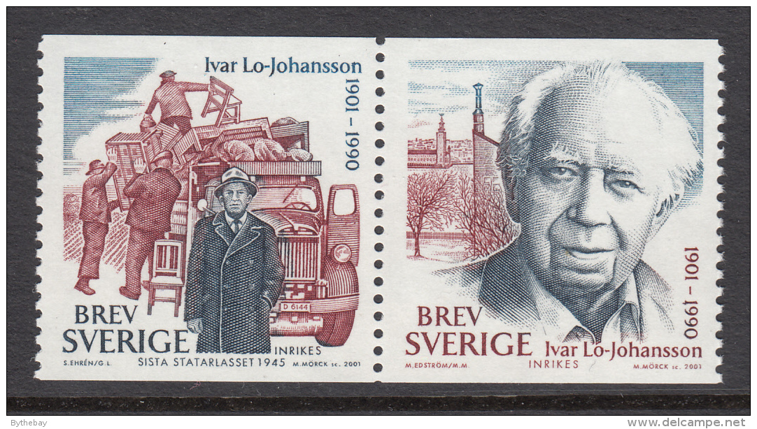 Sweden 2001 MNH Scott #2416 Se-tenant Pair (5k) Ivar Lo-Johansson, Writer - Unused Stamps