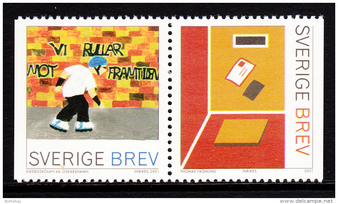Sweden 2001 MNH Scott #2422 Se-tenant Pair (5k) Skateboarder, Letter Stamp Design Winners - Unused Stamps