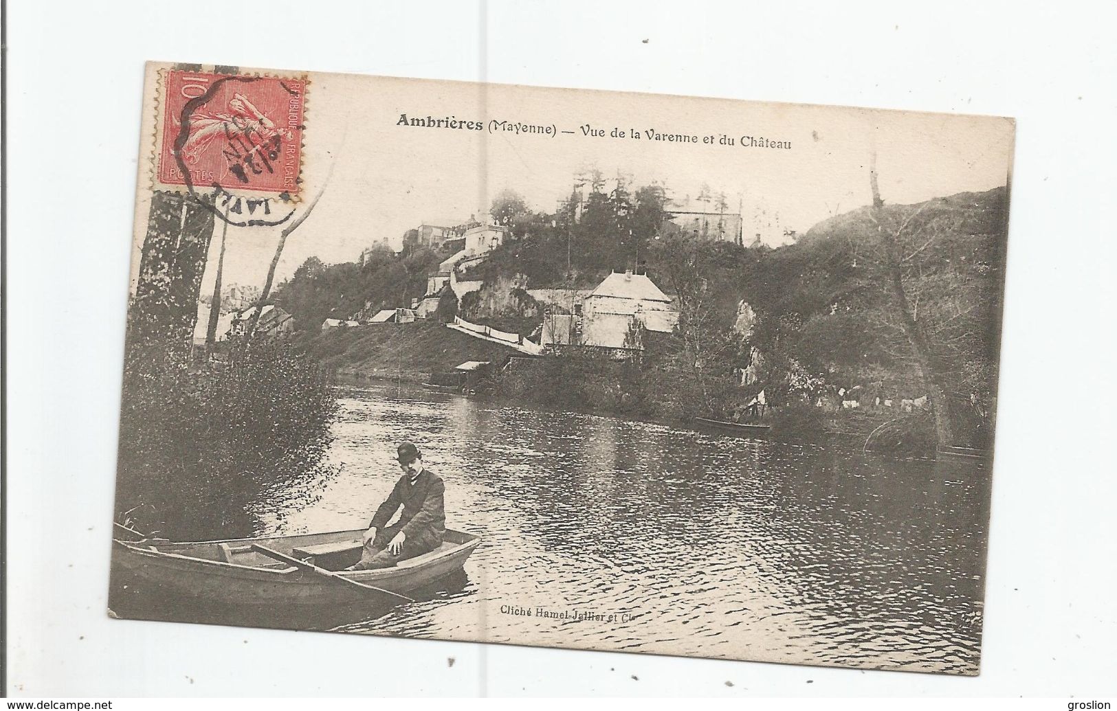 AMBRIERES (MAYENNE) VUE DE LA VARENNE ET DU CHATEAU 1907 (HOMME SUR BARQUE) - Ambrieres Les Vallees