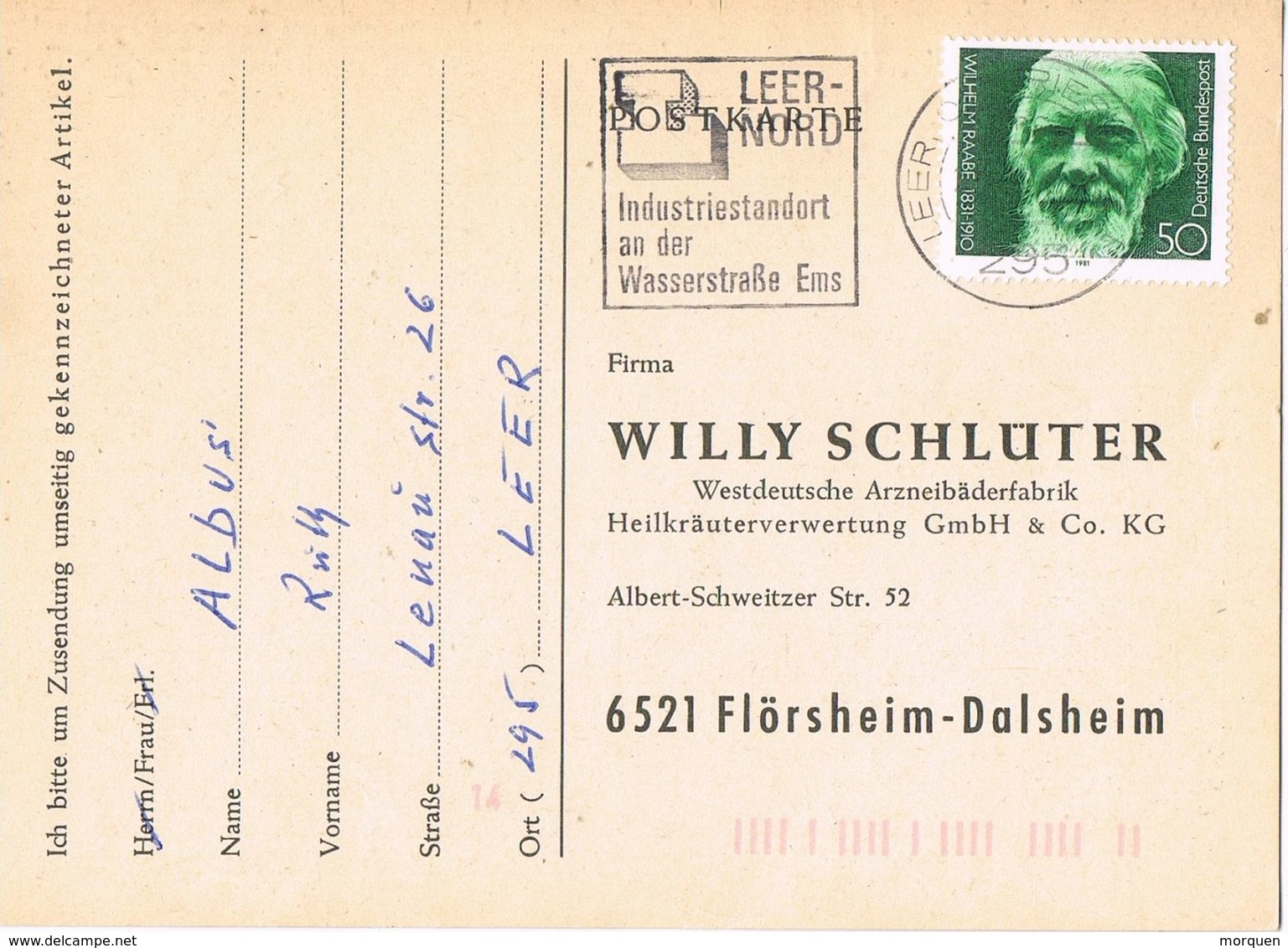 27323. Tarjeta Privada LEER (Alemania Federal) 1981. Stamp Wilhem Raabe - Cartas & Documentos