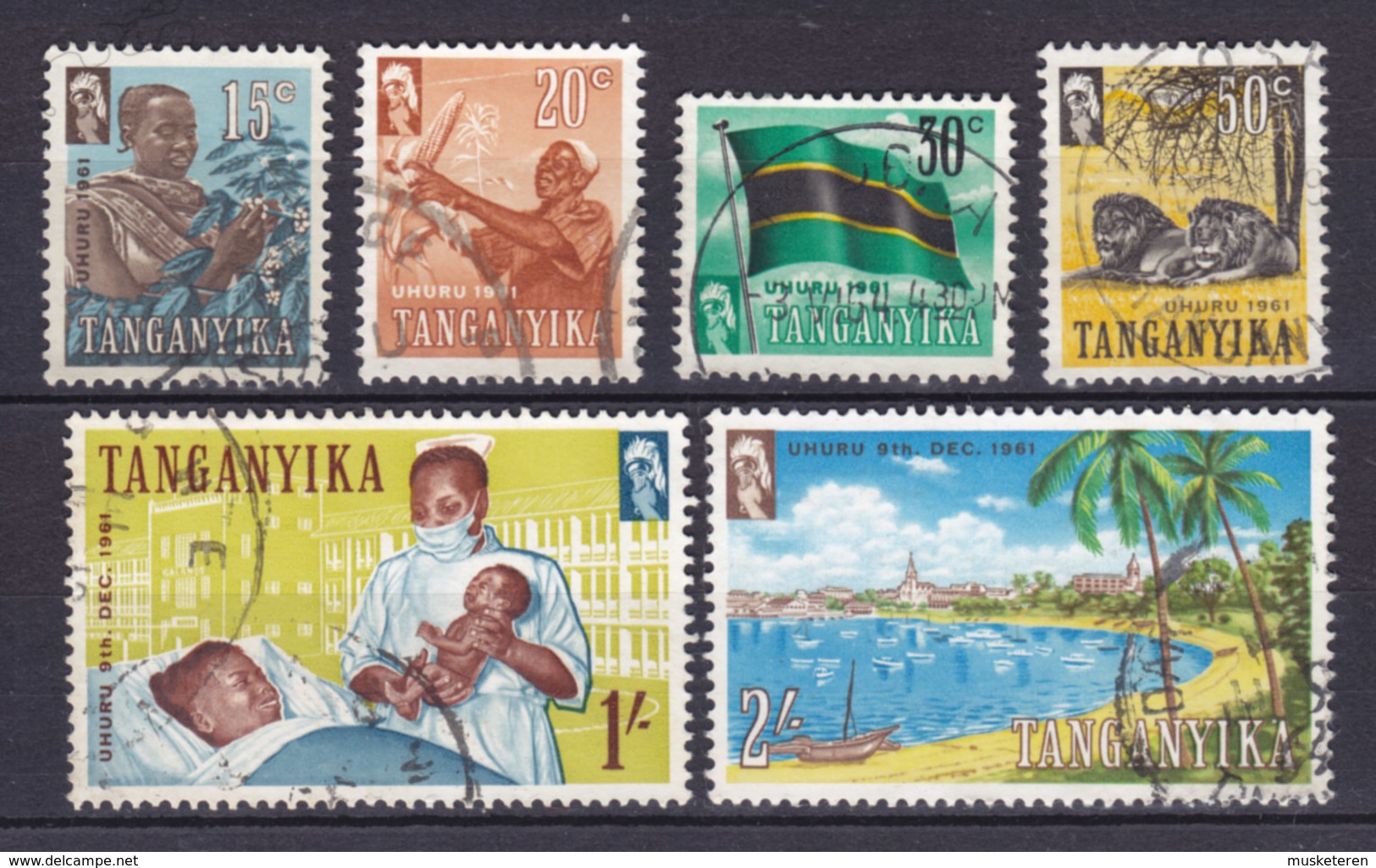 Tanganyika 1961 Mi. 100-04, 106 Kaffe-Pflückerin, Farmer Maiskolben, Nationalflagge, Massai-Löwen, Pflegen, Hafen - Tanganyika (...-1932)
