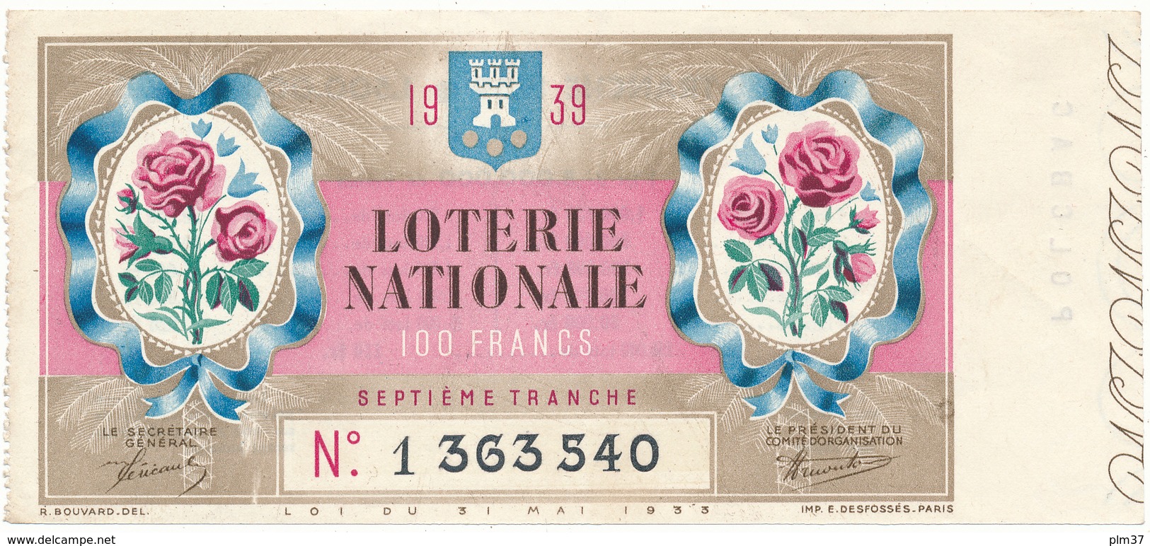 Billet Loterie Nationale 1939 - Médaillons, Roses - Lottery Tickets