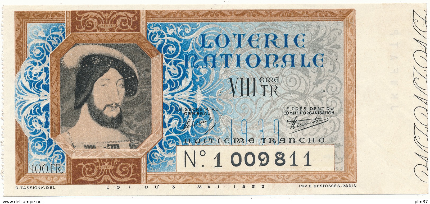 Billet Loterie Nationale 1939 - François 1er - Lottery Tickets