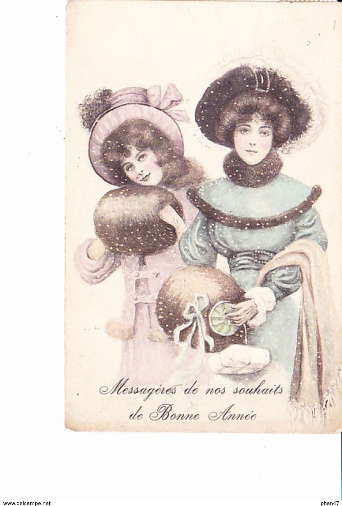 BONNE ANNEE, Message De Nos Souhaits, 2 Jeunes Filles Avec Manchon Et Chapeau, Ed. G.E. (hirondelle) 1907 - Nouvel An