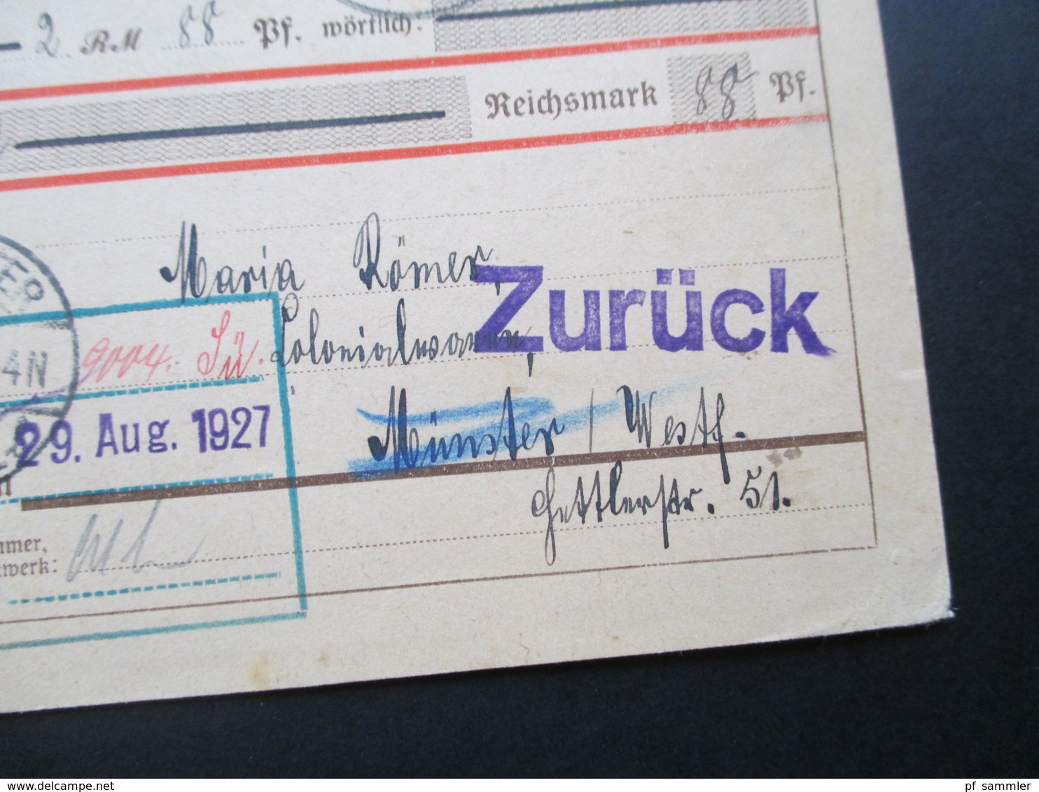 DR 1927 Freimarken MiF Nachnahmekarte Meissen - Münster Westfalen. Zurück! - Briefe U. Dokumente