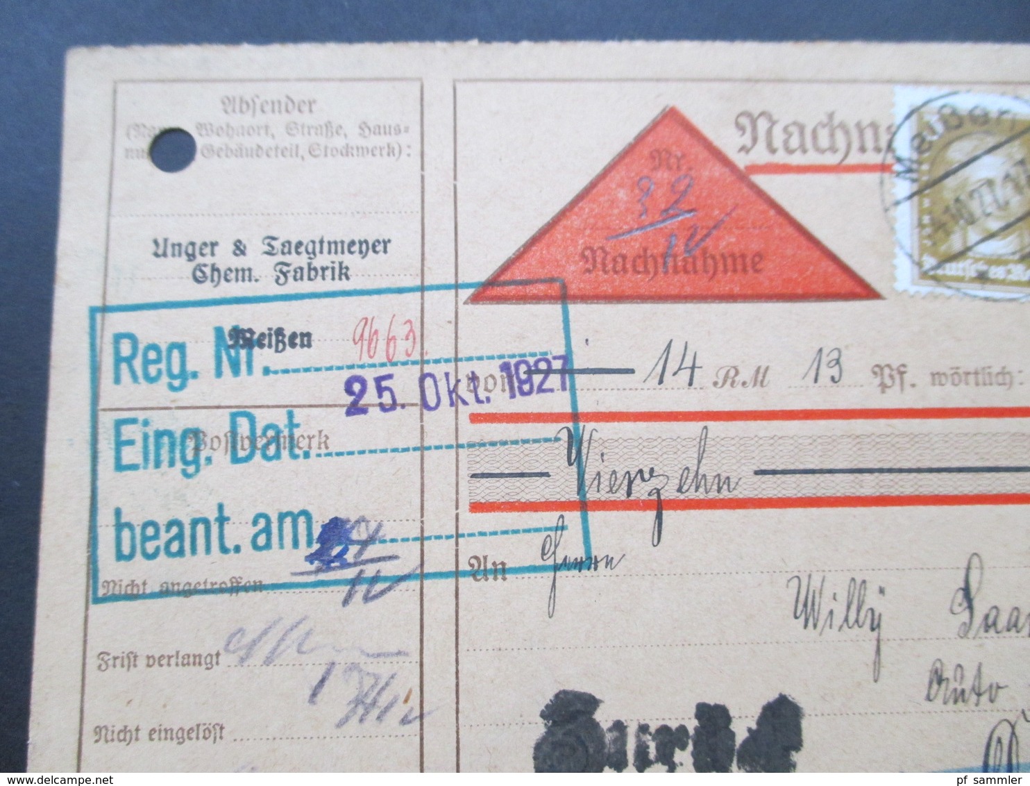 DR 1927 Freimarken MiF Nachnahmekarte Meißen - Datteln Westfalen. Zurück! - Briefe U. Dokumente