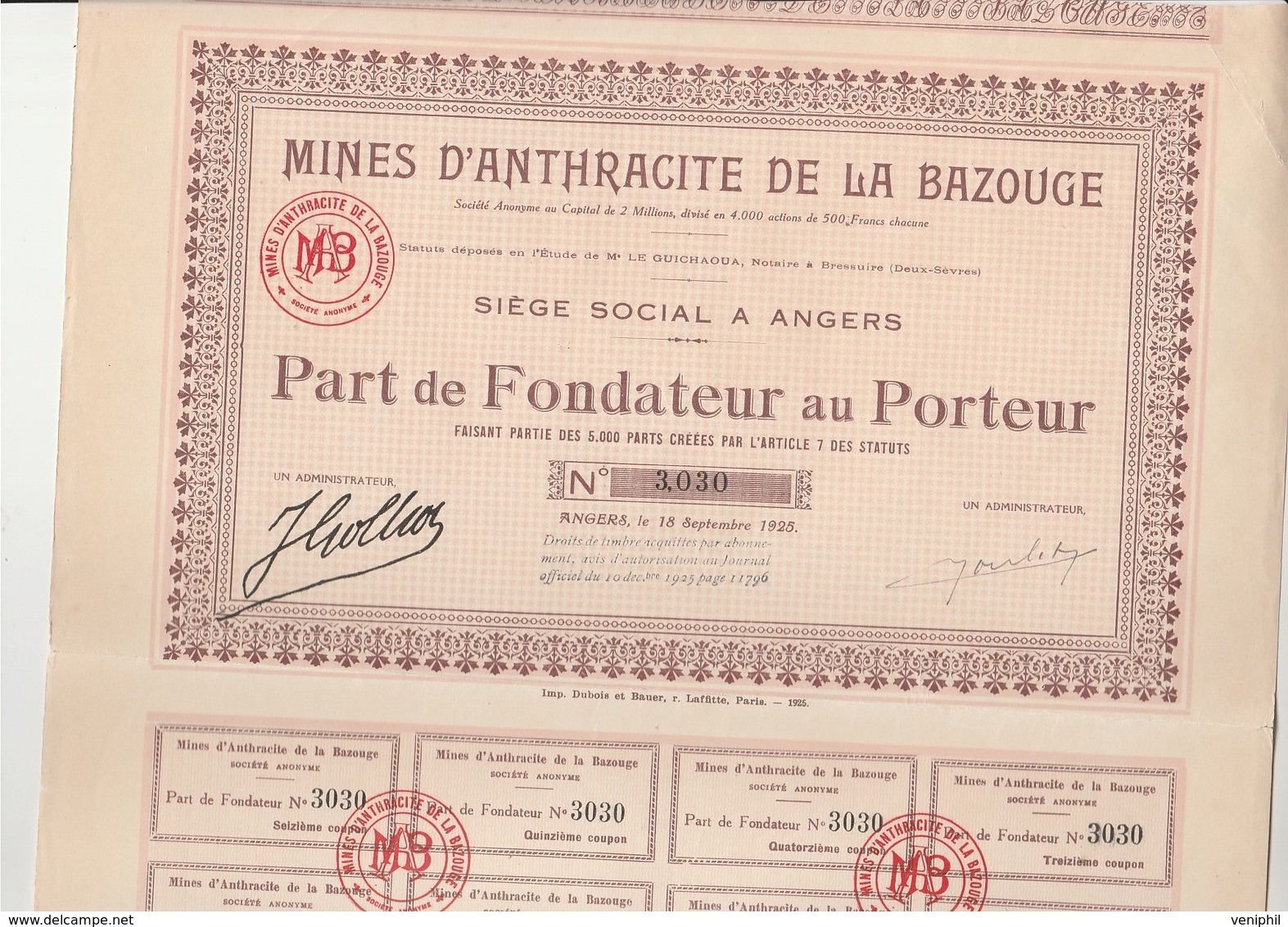 PART DE FONDATEUR - MINES D'ANTHRACITE DE LA BAZOUGE -MAYENNE - ANNEE 1925 - Miniere