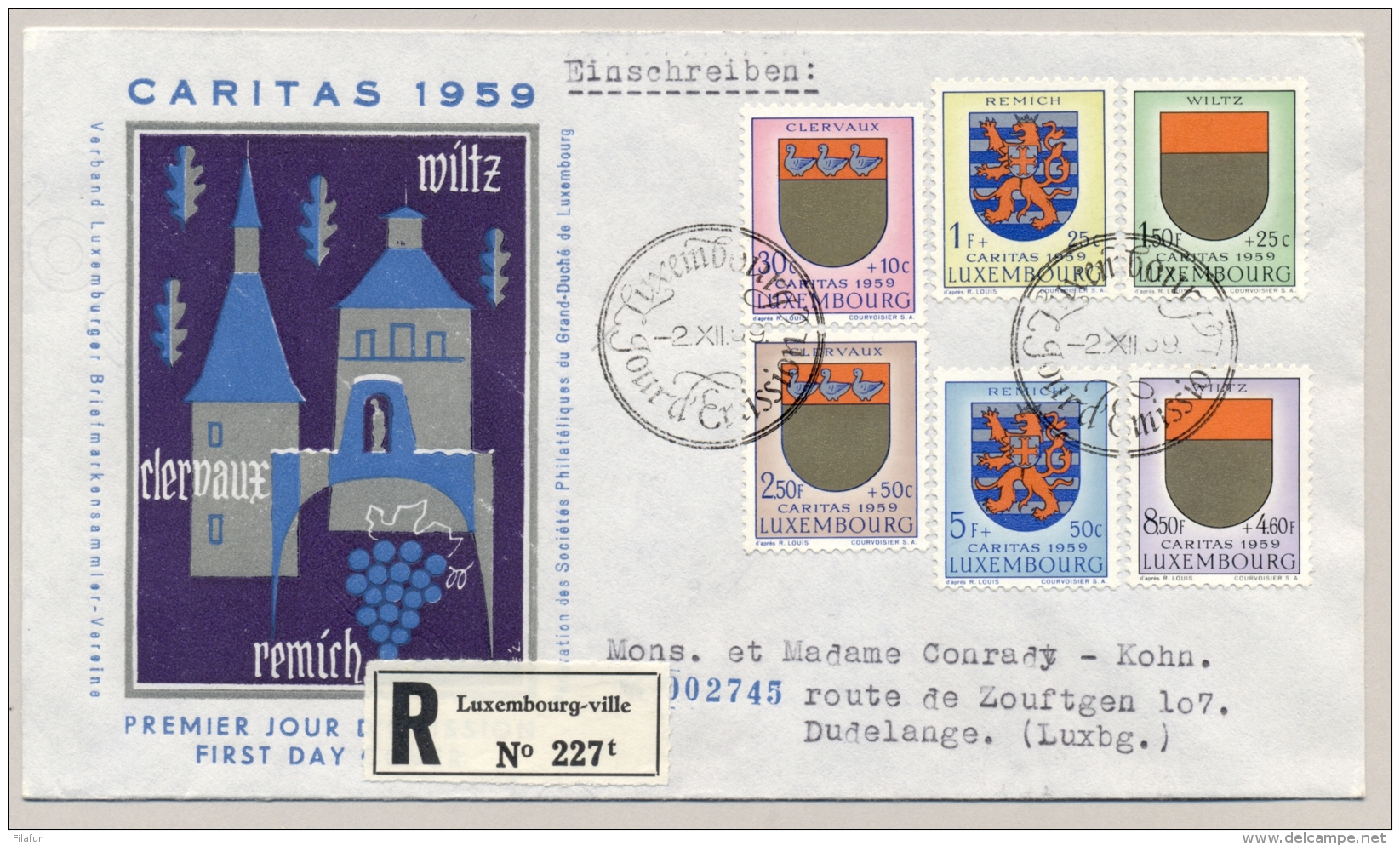 Luxembourg - 1959 - Caritas / Wappen Set - 1st Day On R-cover From Luxembourg To Dudelange - Briefe U. Dokumente