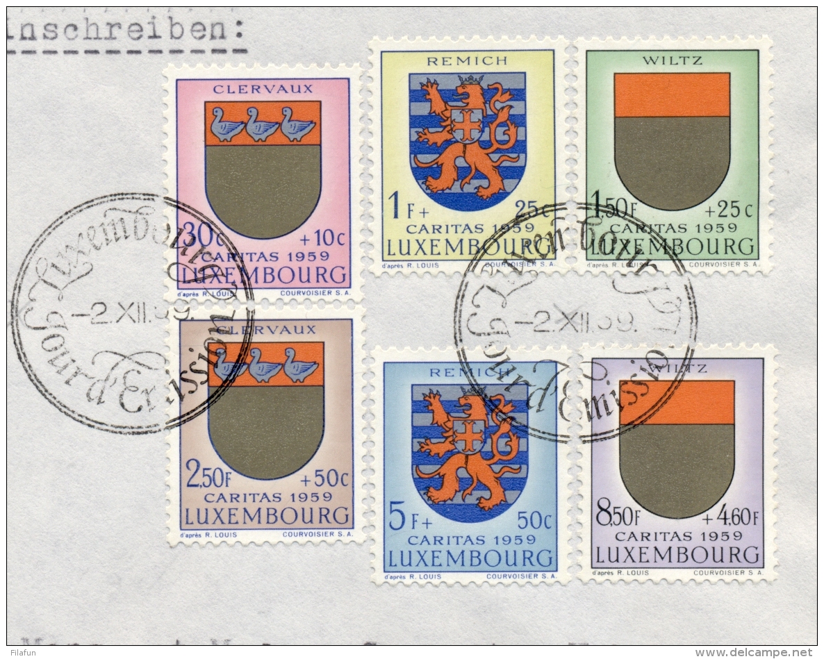 Luxembourg - 1959 - Caritas / Wappen Set - 1st Day On R-cover From Luxembourg To Dudelange - Briefe U. Dokumente
