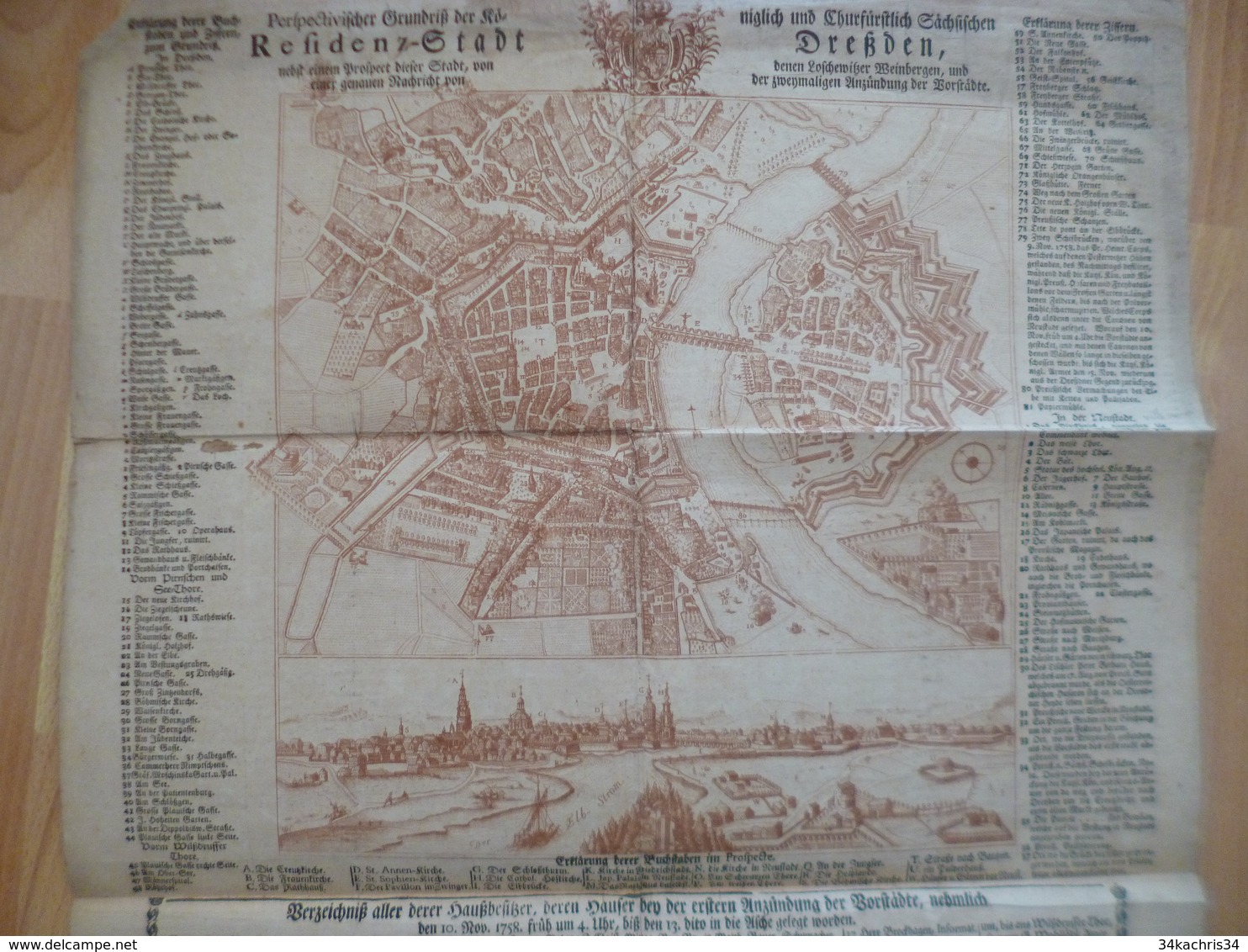 Carte Plan Dresden Allemagne Deutscland 1758 En L'état 44.5 X 72 Cm Environs - Carte Geographique