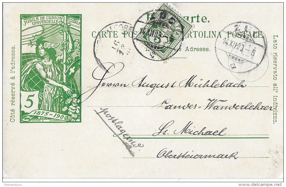 57 - 73 - Entier Postal UPU Avec Affranchissement Complàmentaire De Zug 1900 - Entiers Postaux