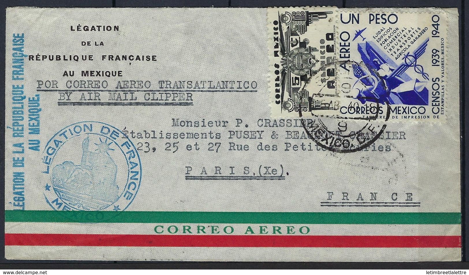 Mexique, Avril 1940 Pour Paris, Lettre Légation De France Au Méxique, Affranchie à 1 Pesos 05 Par Clipper - Mexico