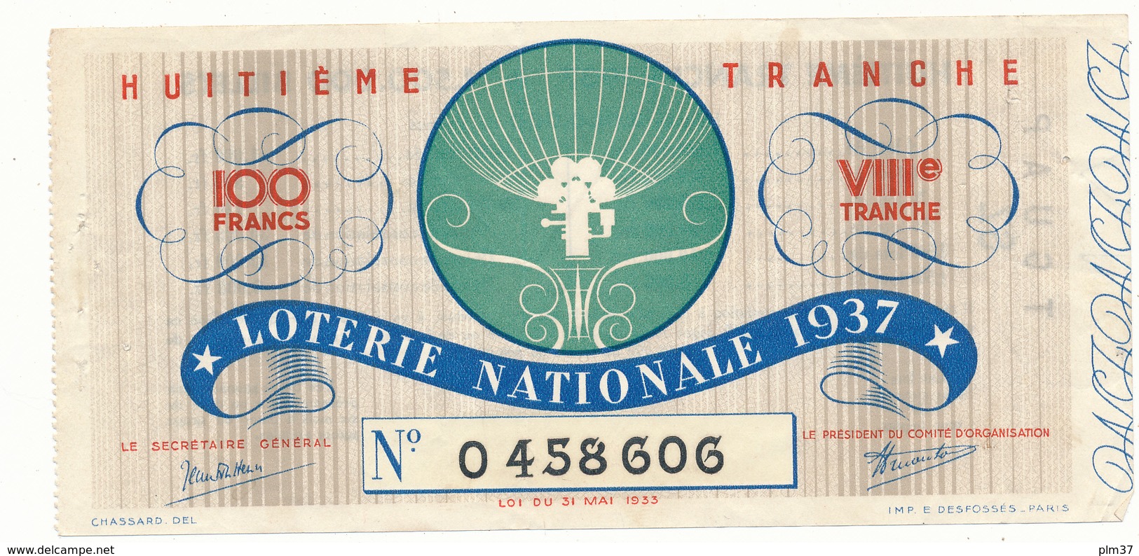 Billet De Loterie Nationale 1937 - Ballon Sphérique - Lottery Tickets