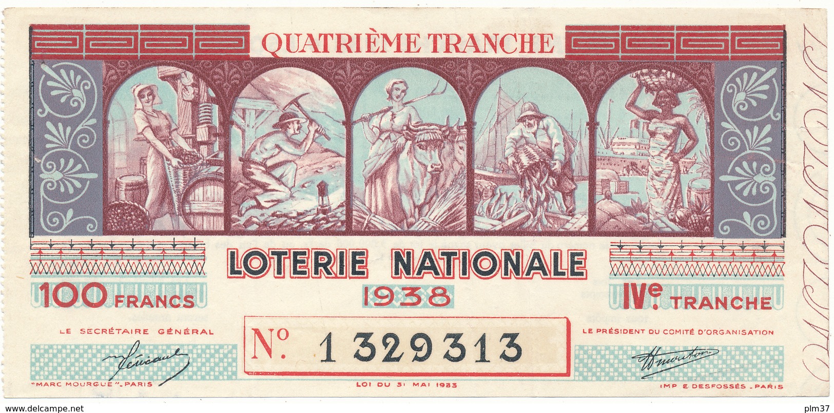 Billet De Loterie Nationale 1938 - Les Métiers - Lottery Tickets