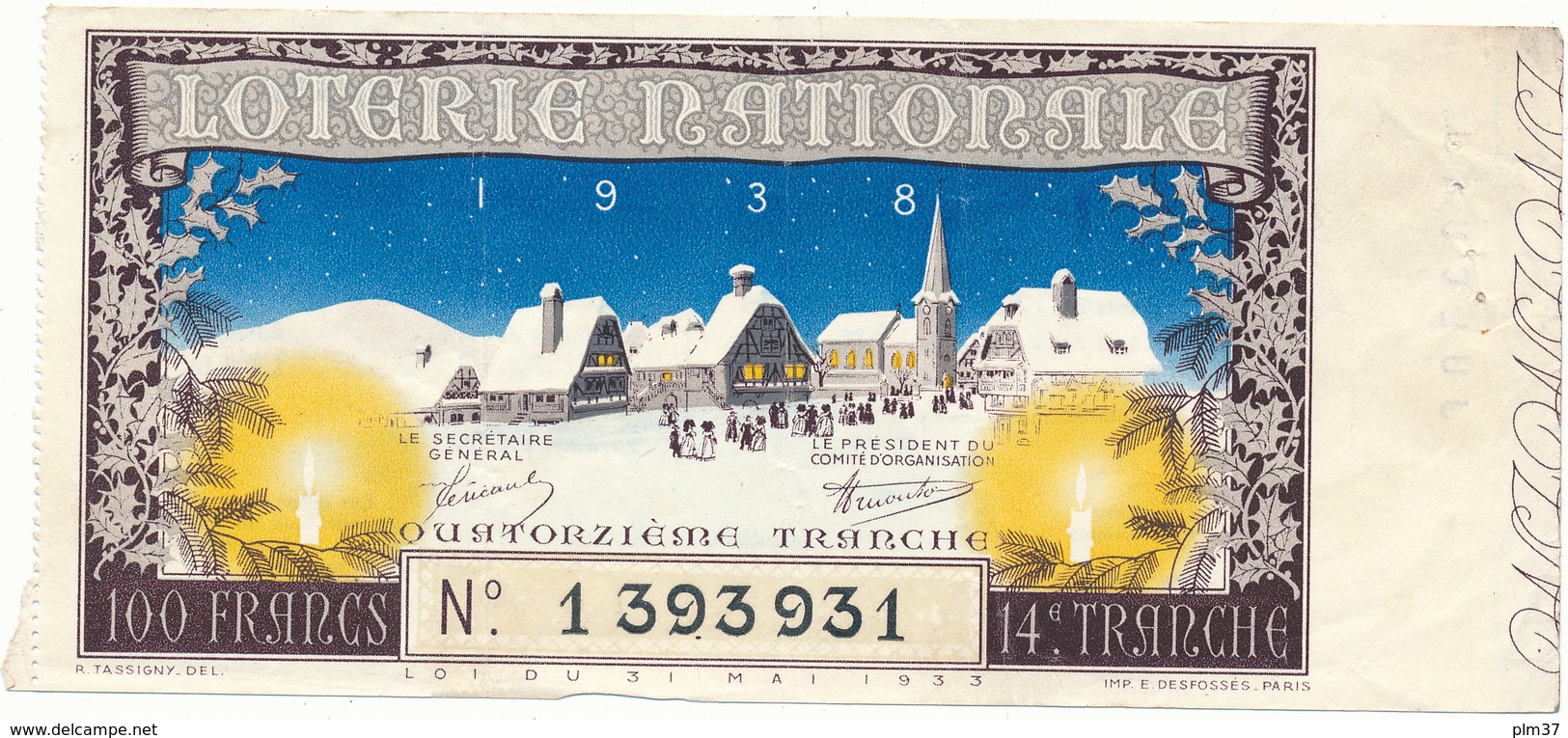 Billet De Loterie Nationale 1938 - Paysage D'Alsace, L'Hiver - Lottery Tickets